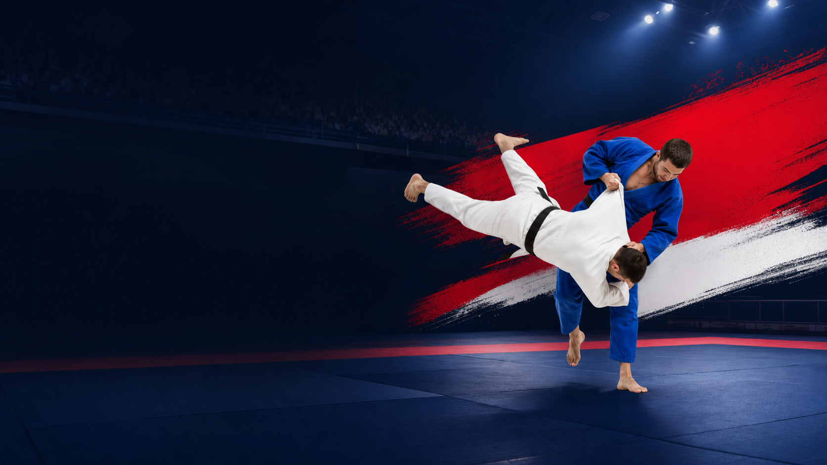 Judoista med izvedbo meta na tekmovalnem tatamiju